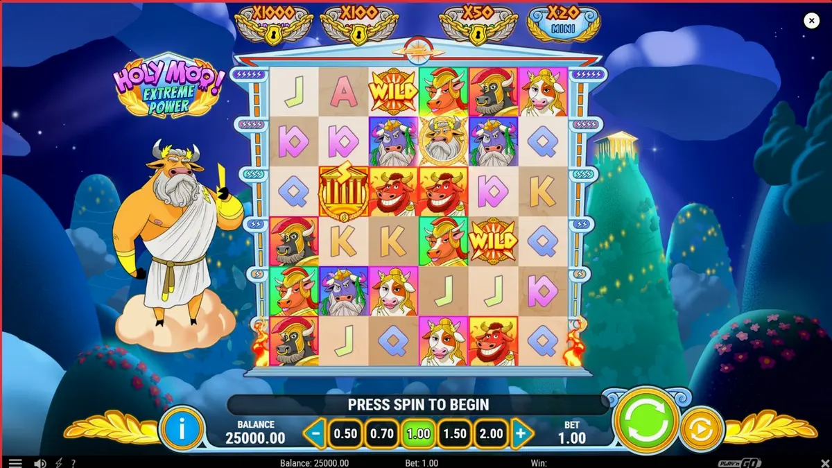 Tampilan layar permainan slot Holy Moo! Extreme Power dengan karakter dewa sapi.