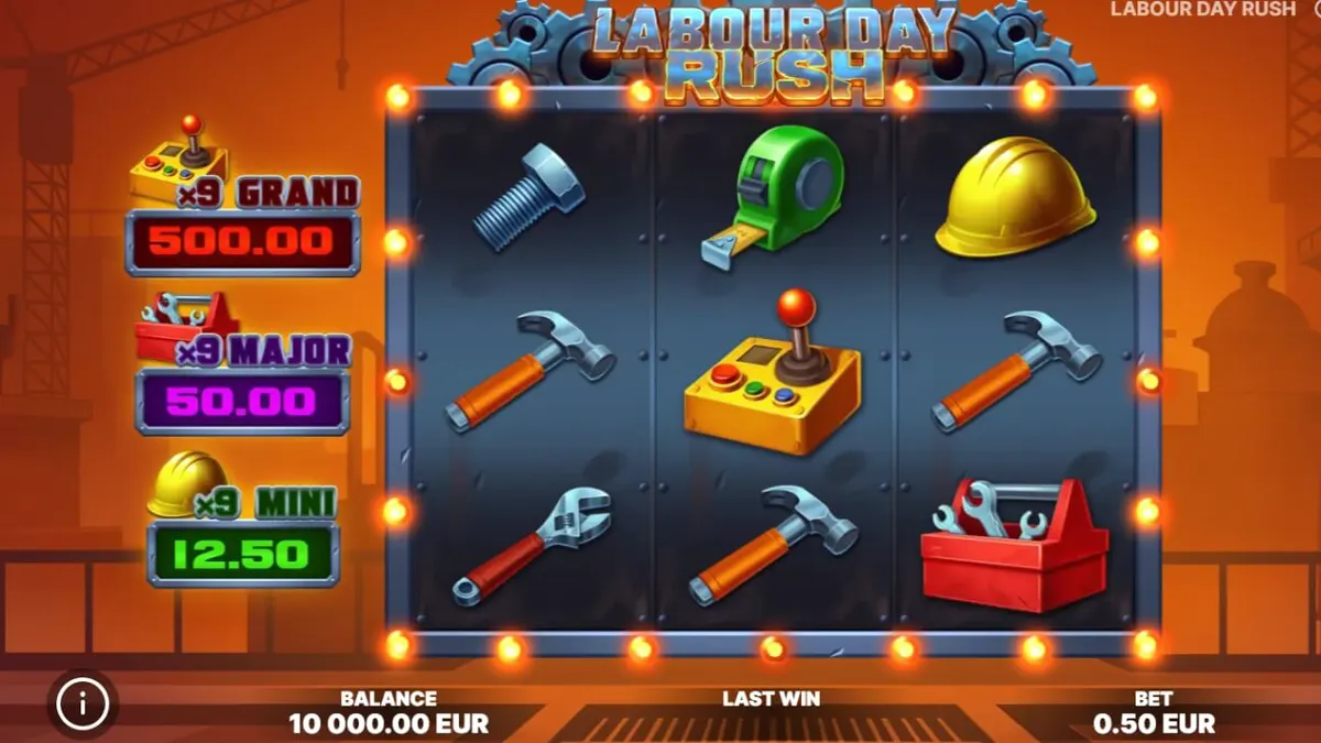Tampilan antarmuka slot Labour Day Rush dengan simbol peralatan industri